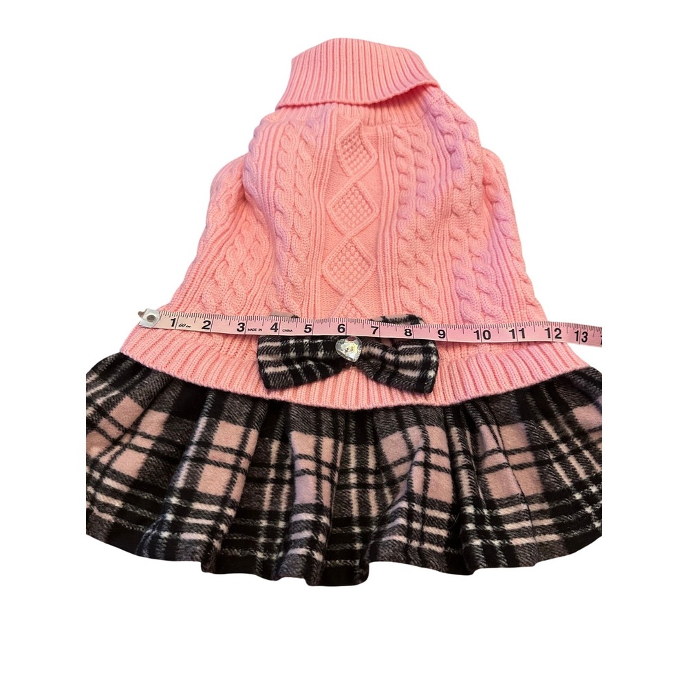 Kyeese‎ Wear Pink Cable Knit Plaid Dog Sweater Dress Rhinestone Heart Bow NWT - Picture 5 of 10